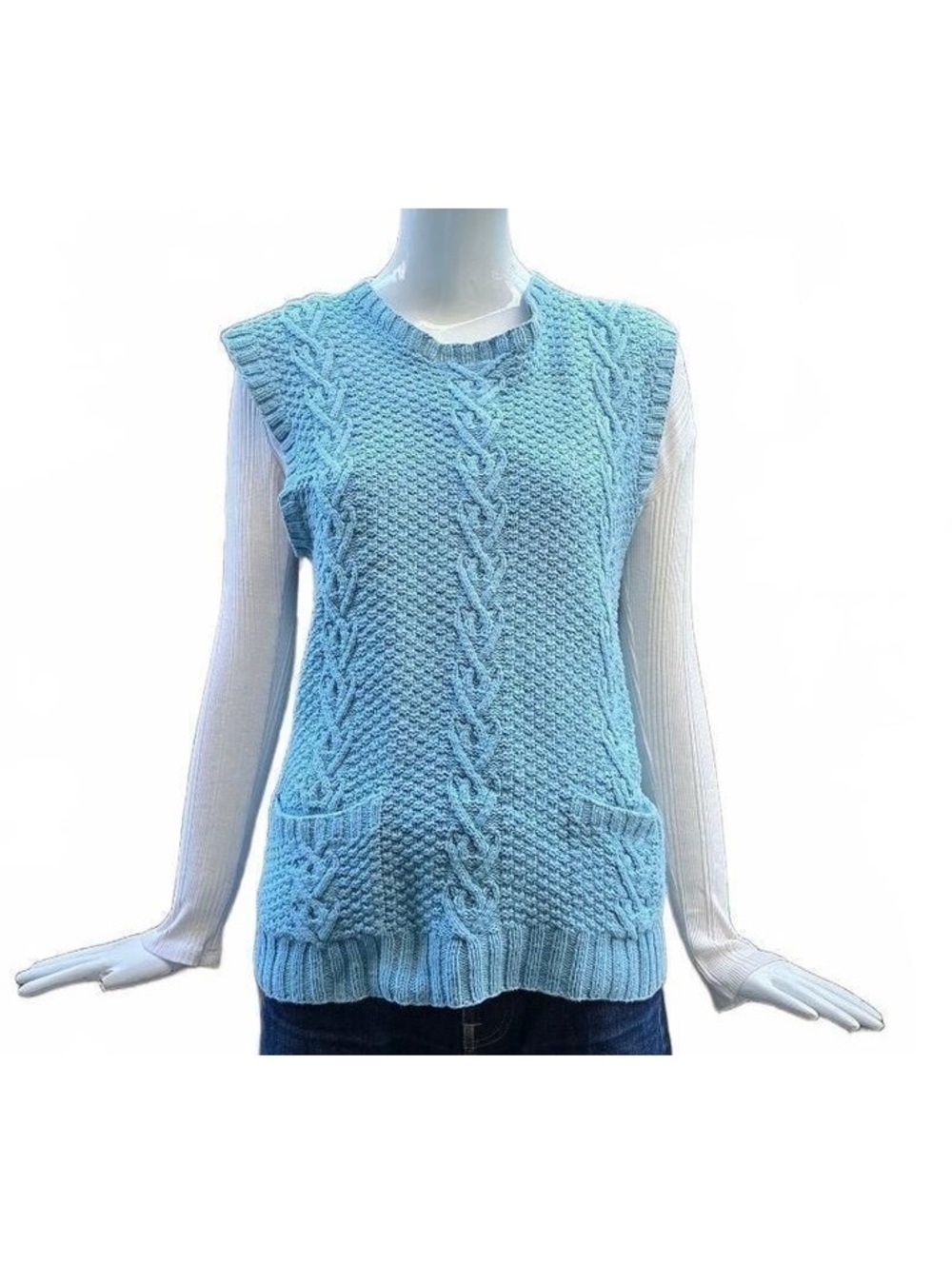 Polo Ralph Lauren Med Blue Cable Knit Cotton Sweater Vest Medium.